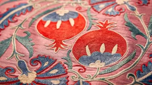 Изображение двух гранатов в технике ручной вышивки на текстиле.