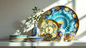 Узбекская керамика на открытой полке в минималистичном интерьере.