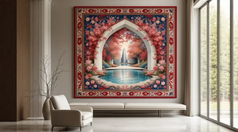 Узбекский ковер, использованный как декоративная настенная панель в современном интерьере