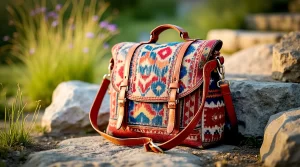 Этническая сумка с элементами икат на фоне природы — современный этнический стиль.