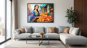 Фотография комнаты с масляной картиной девушки, продающей яблоки