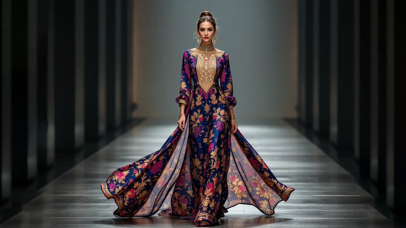 Элегантный узбекский костюм с национальными мотивами на подиуме.