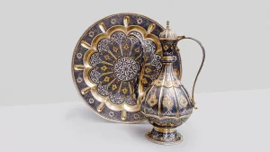 Сосуд для воды офтоба с растительным узором, традиционная чеканка Узбекистана