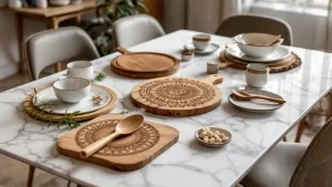 Сервировка стола с использованием узбекских резных деревянных изделий.