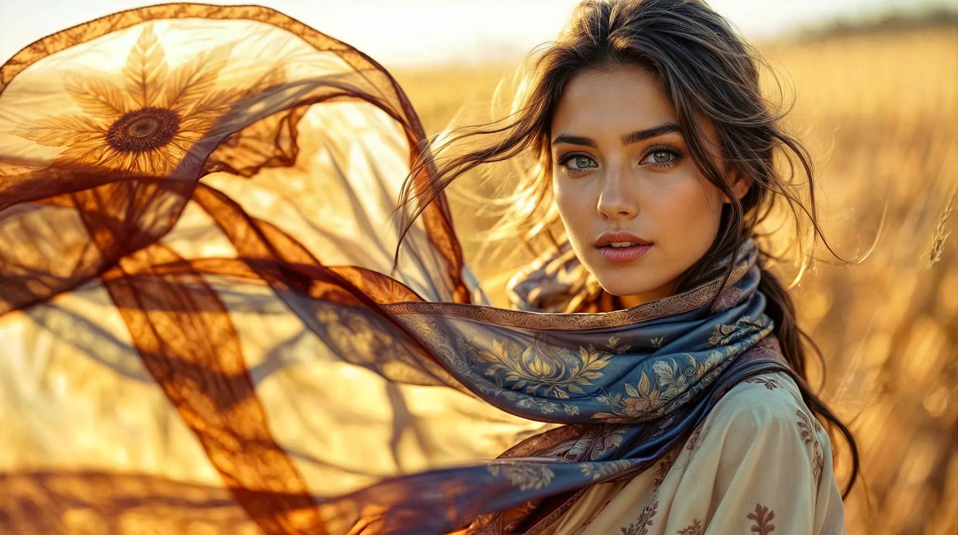 Молодая женщина с развевающимся узбекским шелковым шарфом на фоне золотого поля.