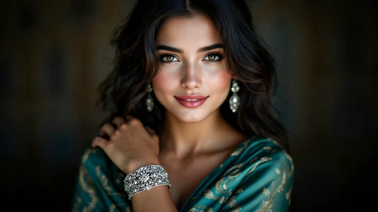 енщина с серьгами и серебряным браслетом в традиционном стиле.