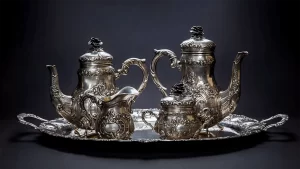 Винтажный чайный сервиз XIX века, расписанный вручную, традиционная узбекская скатерть, исторический предмет для стильного интерьера.