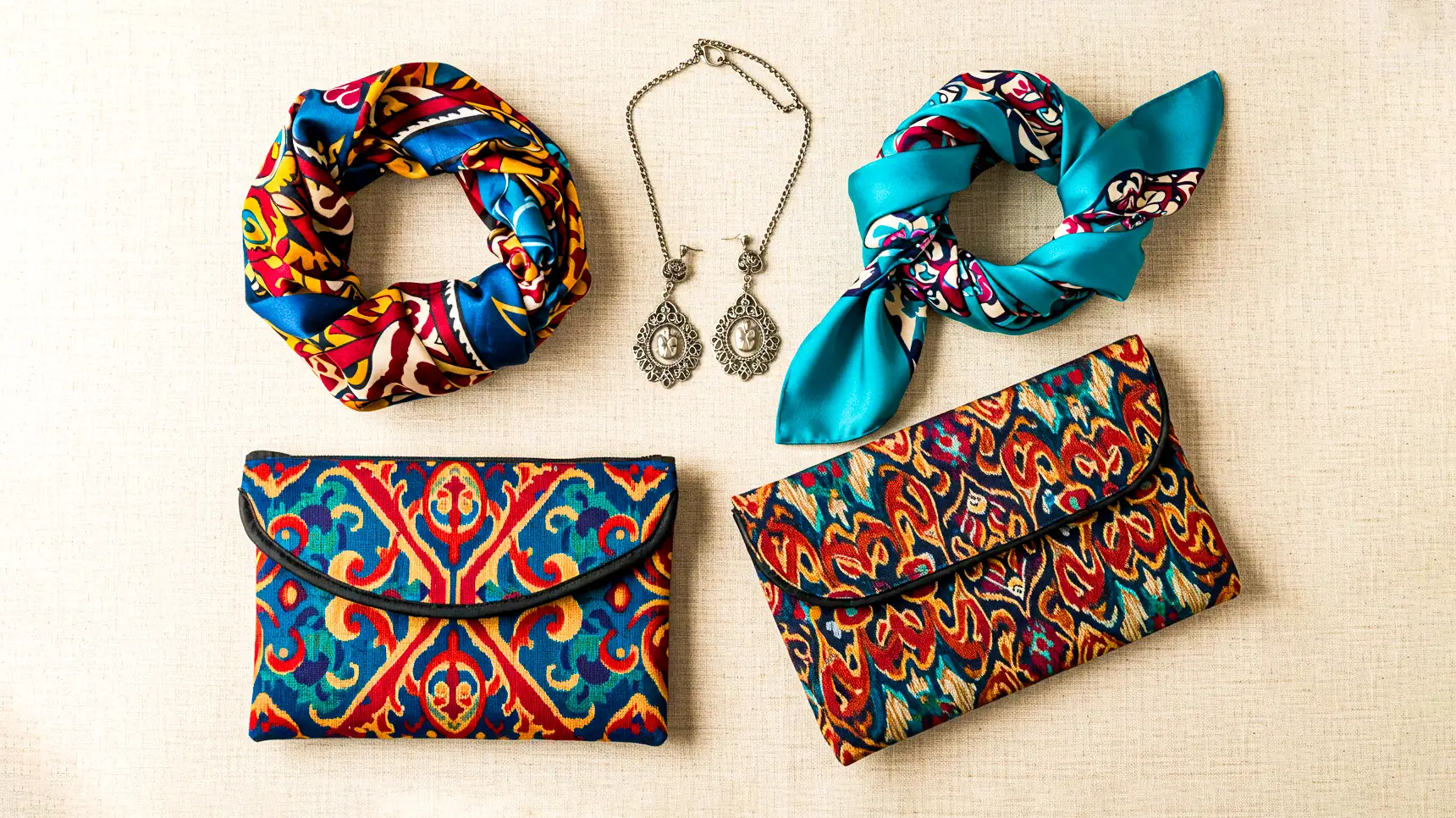 Модные аксессуары в узбекском стиле: два клатча из иката, два шелковых платка и серебряные серьги с ожерельем на светлом фоне. Fashion accessories in Uzbek style: two ikat clutches, two silk scarves, and silver earrings with a necklace on a light background.
