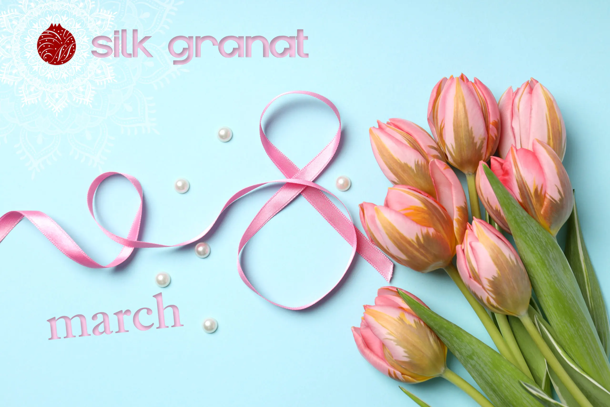 Поздравление с 8 марта, розовые тюльпаны и атласная лента в форме восьмёрки на голубом фоне — Greeting card for 8 March, pink tulips and satin ribbon shaped like number eight on blue background