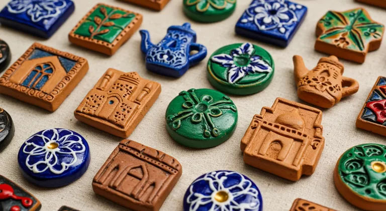 Ручные керамические магниты с узбекскими орнаментами. Разнообразные формы и цвета, вдохновлённые национальными мотивами. | Handmade ceramic magnets with Uzbek ornaments. A variety of shapes and colors inspired by national motifs.