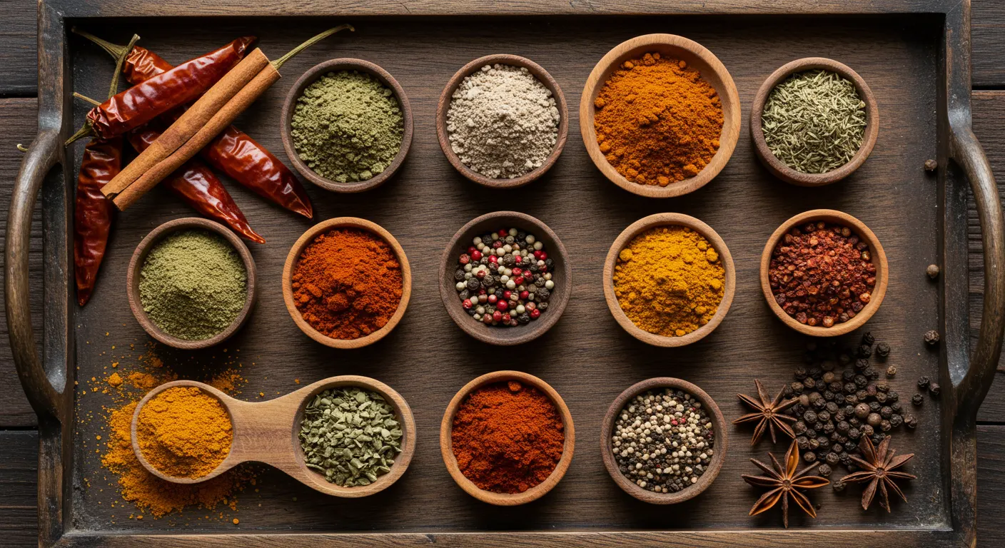 Плоская выкладка семи узбекских специй, flatlay of seven Uzbek spices